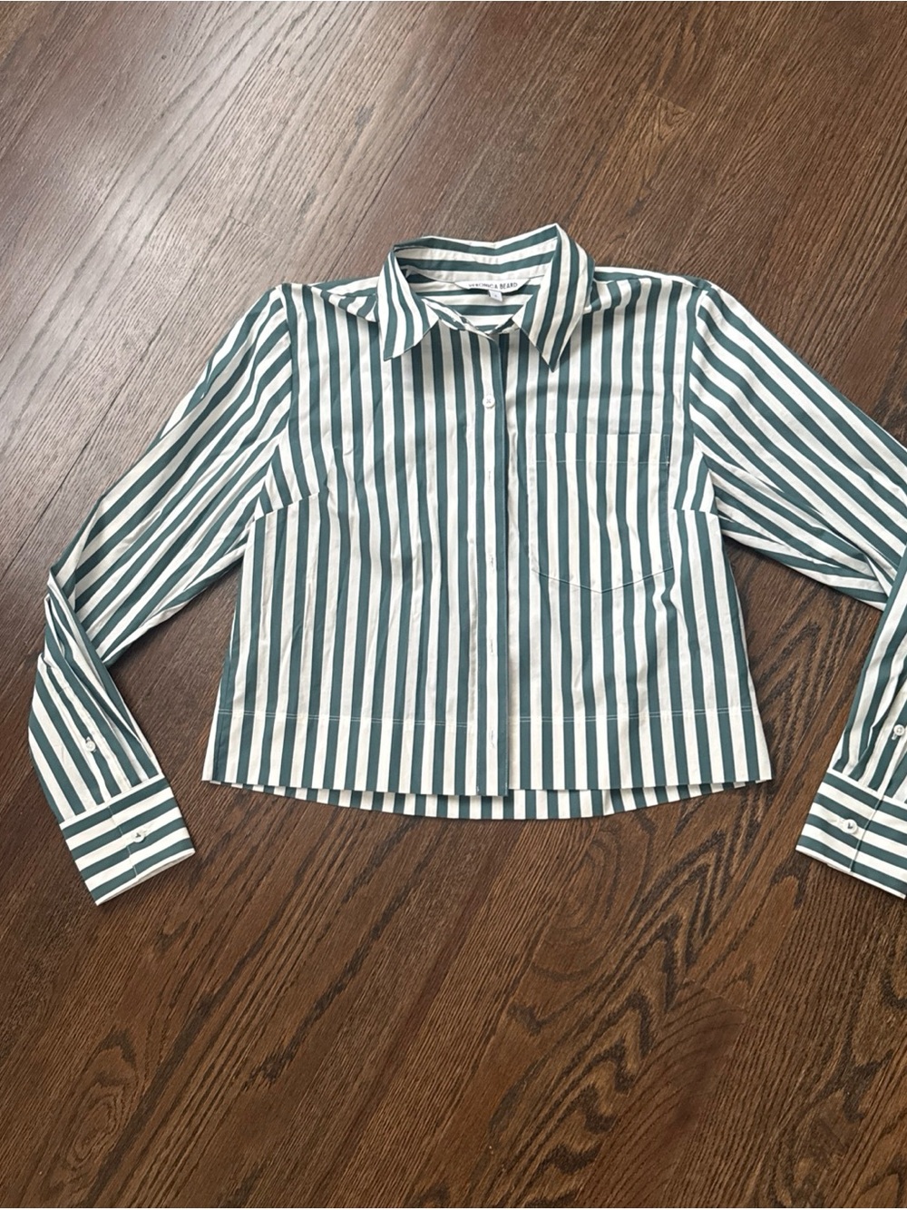 Veronica Beard Green and White Striped Button Down Cropped 0 XS